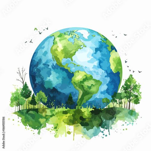 Vibrant watercolor illustration of Planet Earth nestled in a lush green forest with flying birds.