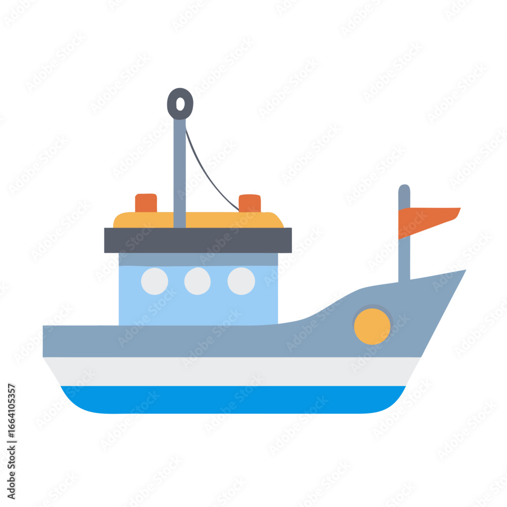 Obraz premium Illustration of a fishing boat with mast and orange flag on a black background