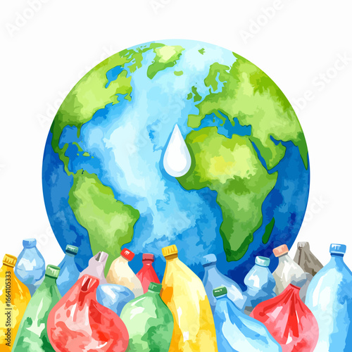 Watercolor Illustration of Plastic Bottles and Earth