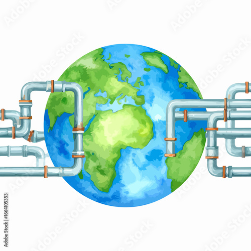 Global Pipelines Encircling a Watercolor Earth Globe