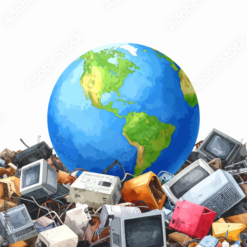 Planet Earth globe illustration resting on a massive pile of discarded old computers and electronic waste.