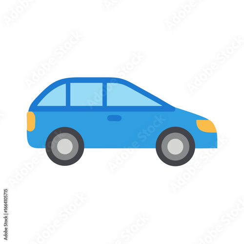 Blue hatchback car graphic icon with black background, auto industry vector
