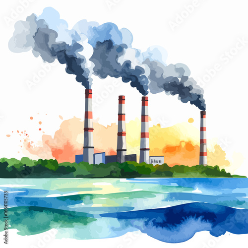 Industrial power plant with red and white smokestacks emitting thick smoke, watercolor style illustration.