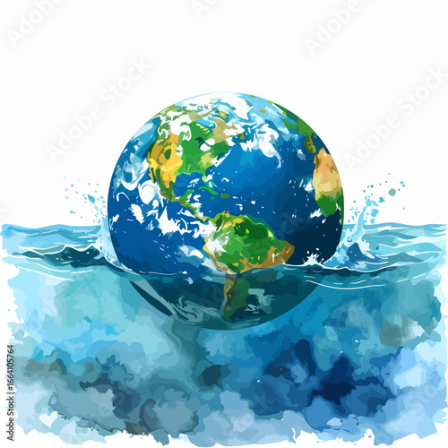 Stylized watercolor illustration of Planet Earth sinking into turbulent blue ocean waves.