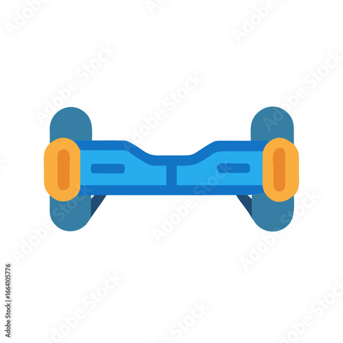 Flat illustration of a blue hoverboard with yellow accents on a black background
