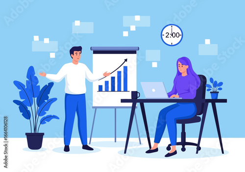 Vector art of man presenting a business growth chart to a woman working on a laptop in an office setting, illustrating teamwork and data analysis for success