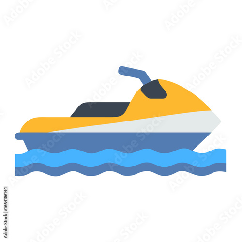 Flat vector illustration of a yellow and blue personal watercraft on water