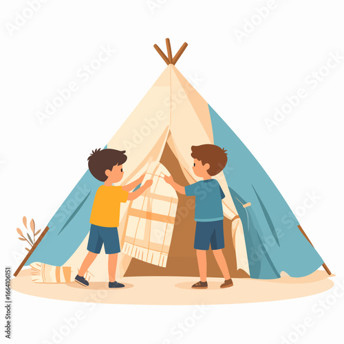 Two young boys setting up a blue and beige teepee tent with a patterned blanket, enjoying outdoor play.