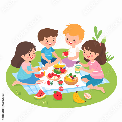 Children Enjoying a Fruit Picnic on a Grassy Lawn