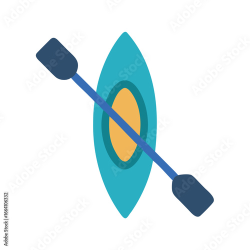 Simple flat vector image of a blue kayak and paddle isolated on black