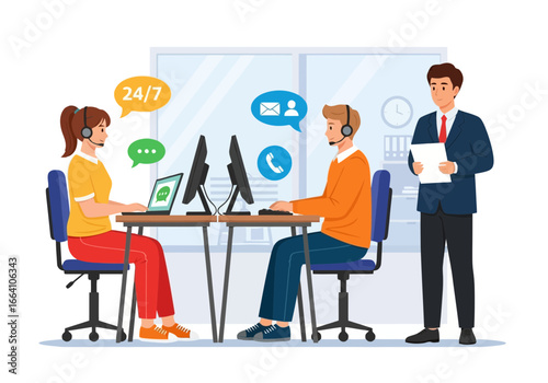Vector art of customer service team working in a call center with headsets and computers, providing 247 support and assistance to clients