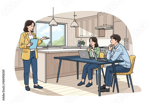 Vector art of real estate agent showing a house to a couple in a modern kitchen, discussing property details with documents and laptop on the table