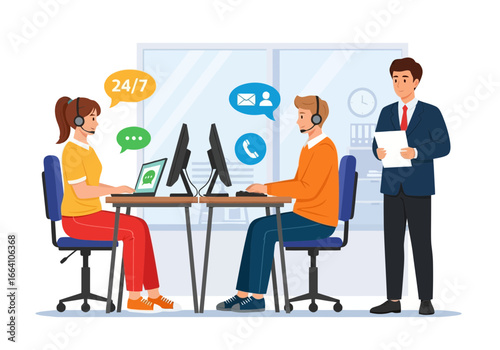 Vector art of customer service team working in a call center with headsets and computers, providing 247 support and assistance to clients