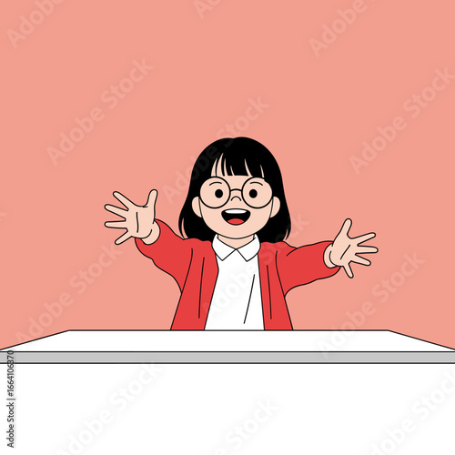 Adorably cute little girl with round glasses and a red jacket is excited to greet you with open arms