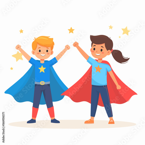 Cheerful cartoon superhero boy and girl, with raised fists, wearing vibrant blue and red capes and star emblems.