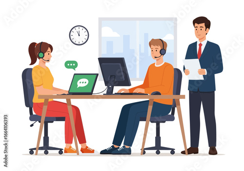 Vector art of customer service team working in a call center with computers and headsets, focused on providing support and assistance to clients
