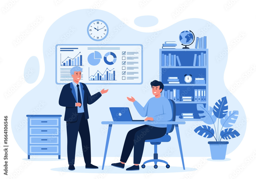 Fototapeta premium Vector art of two businessmen in an office setting discussing a report with charts and graphs on a screen, highlighting business growth and collaboration