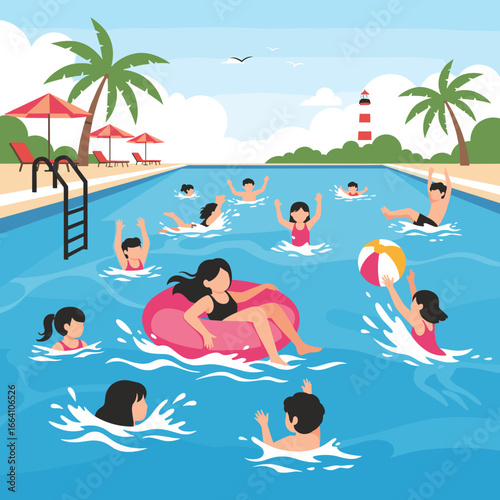 Joyful summer vacation activities for children at a tropical resort swimming pool enjoying recreational water sports and leisure time