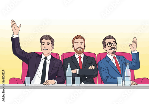 Vector art of three men in suits sitting at a table with raised hands, indicating a vote or decision