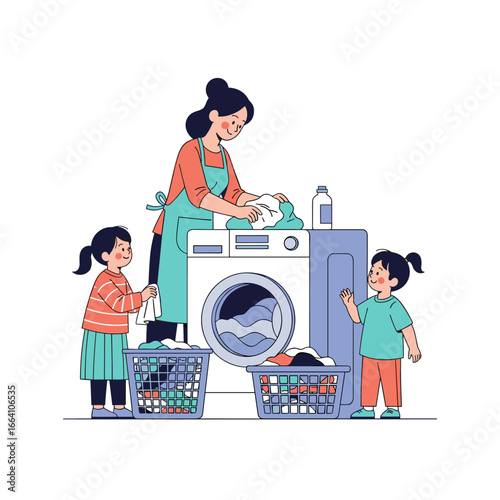 Mother and children helping with laundry and chores at home