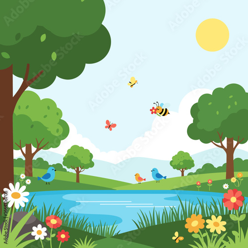 A vibrant spring landscape unfolds with a serene blue lake and lush green trees under a clear sunny sky