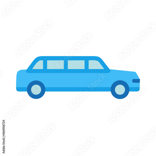 Vector flat illustration of a light blue limousine car on a black background.