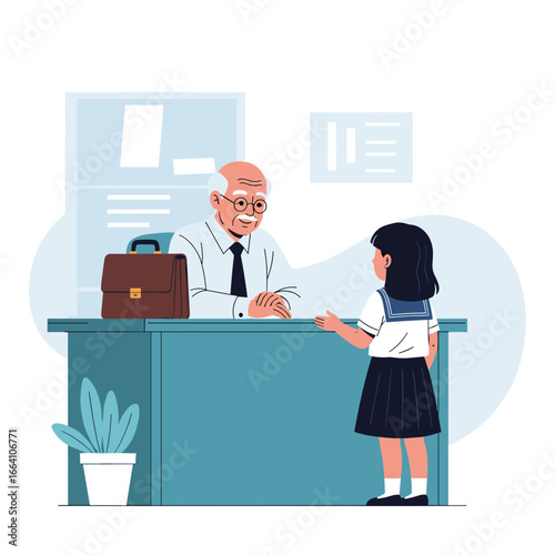 A confident young student presents their school project to an appreciative elderly educator in a formal office setting