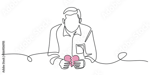 Single continuous line drawing of a man with a broken heart