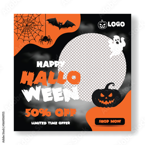 Editable Halloween Sale Promotion Square Ad and Web Banner Vector Template with Discount Offer, Scary Trick or Treat Illustration, and Dark Spooky Background space for image