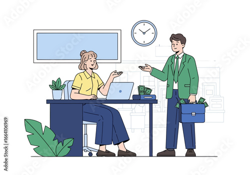 Vector art of two business people in an office setting, one seated at a desk with a laptop and the other standing with a briefcase full of money, discussing a financial transaction