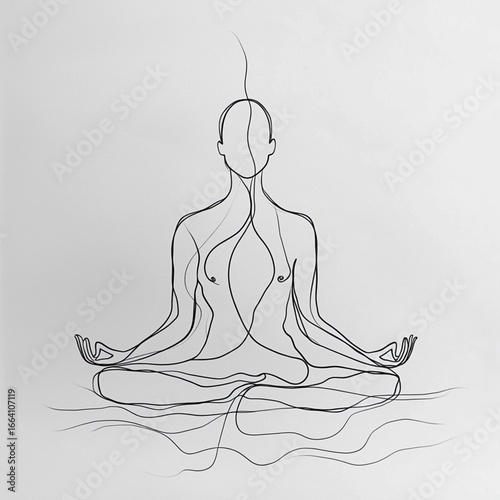 A single continuous line drawing of a meditating person, minimalist spiritual art, soft flow, black and white contrast --quality 