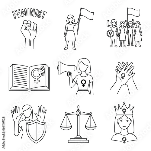 Feminist symbols and actions collection celebrating women's rights and empowerment in a drawing style silhouette