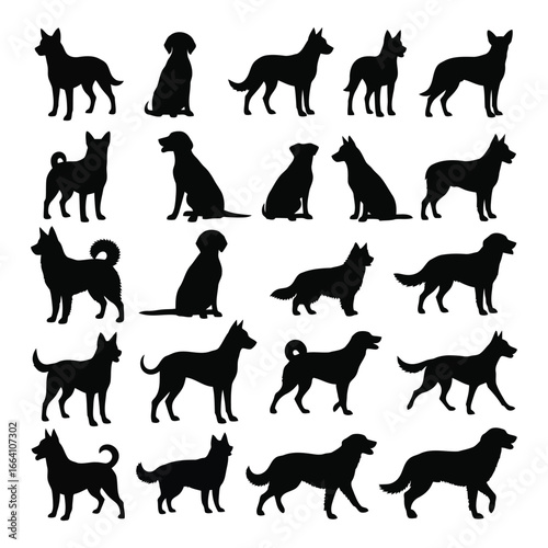 Collection of diverse dog silhouettes canine companions poses and breeds displayed as clean black outlines silhouette