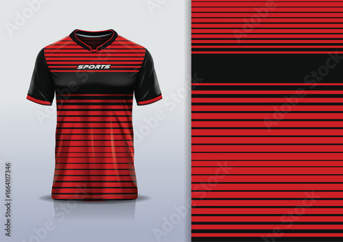 T-shirt mockup stripe line jersey design for football, soccer, racing, esports, running, in black red color	