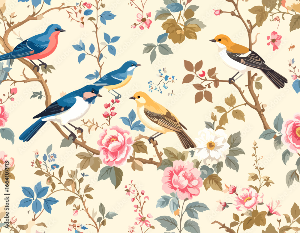 Fototapeta premium Colorful Birds Perched on Branches Amidst Floral Pattern Design