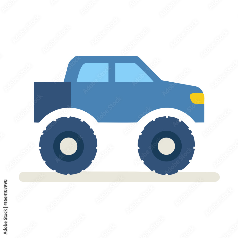 Fototapeta premium Flat vector illustration of a blue monster truck on a black background