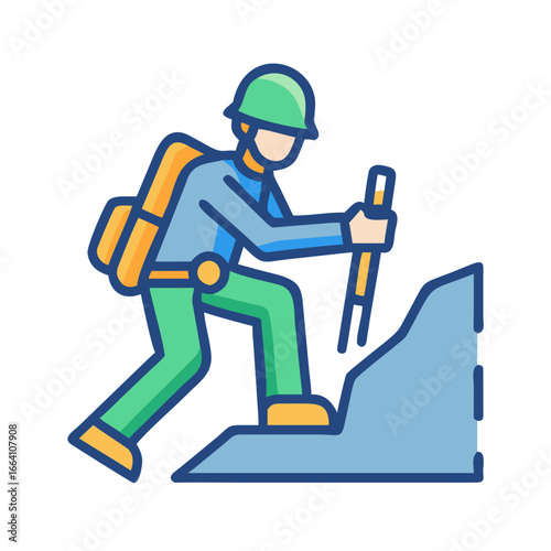 Illustrated mountain climber hiking up a rock with blue outline style design