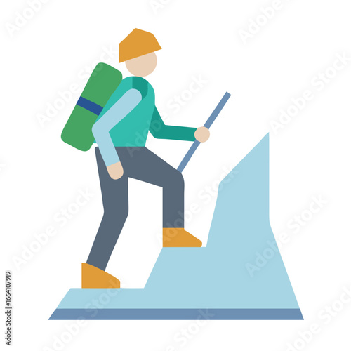 Minimalist mountain climber illustration ascending a peak with backpack and hiking stick