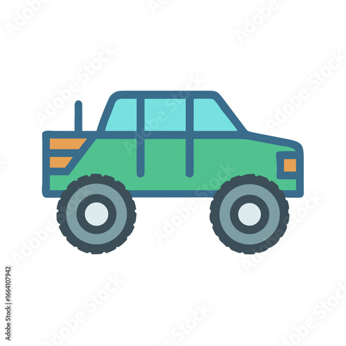 Isolated cartoon off-road vehicle with large tires on a black background