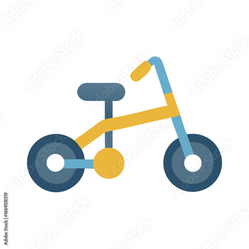 Stylized illustration of a blue and yellow tricycle against a black background