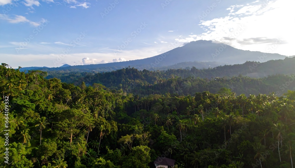 Fototapeta premium Lush green forests cascading down a hillside, meeting a distant volcanic peak under a vibrant blue sky.