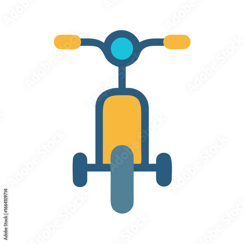 Stylized flat design illustration of a blue and yellow trike on black background
