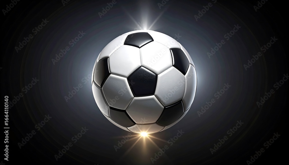 Fototapeta premium A soccer ball, with black and white panels, floats against a dark, dramatic backdrop, highlighted by illuminating light rays.