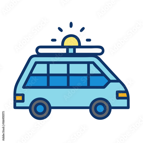 Cute light blue police van with yellow light on black background icon