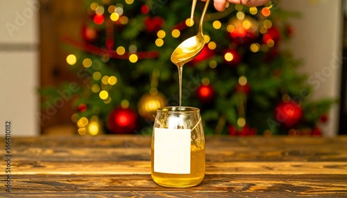 Golden honey pours into a glass jar, highlighting a festive Christmas setting.