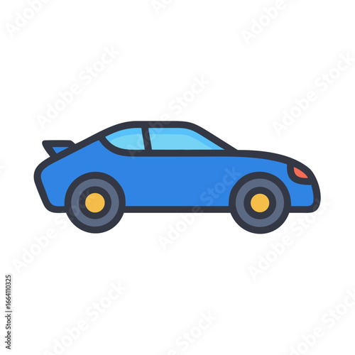 Stylized illustration of a blue sports car with spoiler on black background