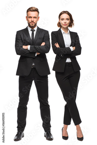 Confident Business Duo Man with Beard and Woman in Heels Arms Crossed.