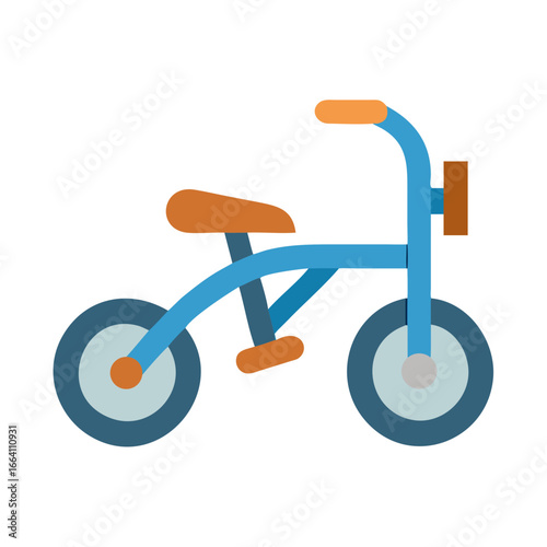 A child's blue tricycle on a black background in flat art style