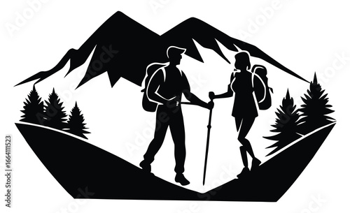 Hiking couple in mountain landscape adventure and outdoor recreation design