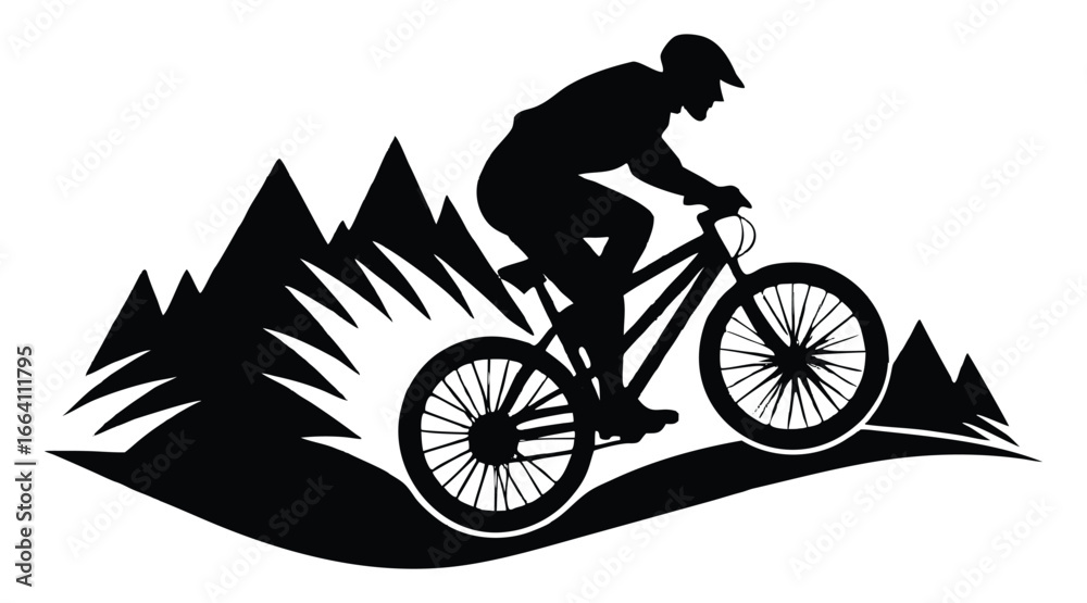 Obraz premium Mountain biker silhouette riding through mountain landscape with trees and hills in black
